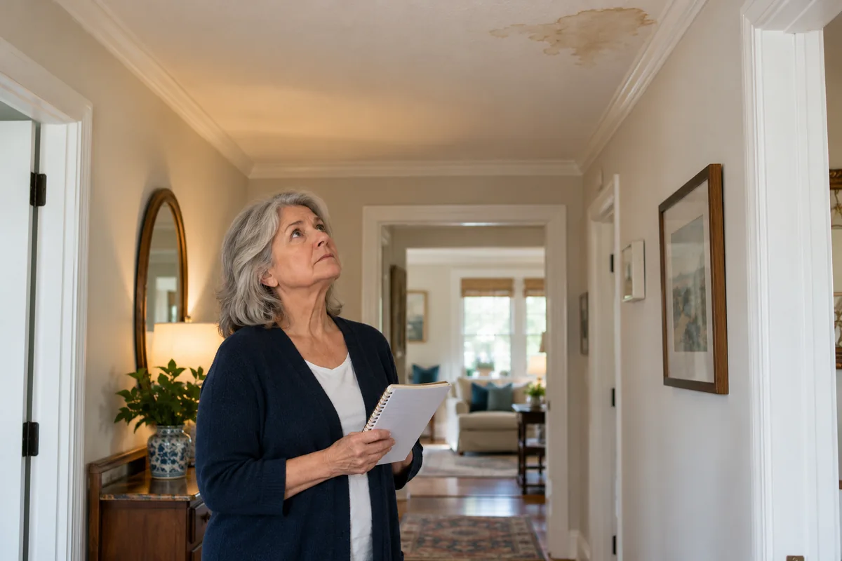 Homeowner holding notes while looking from the hallway at a small ceiling stain