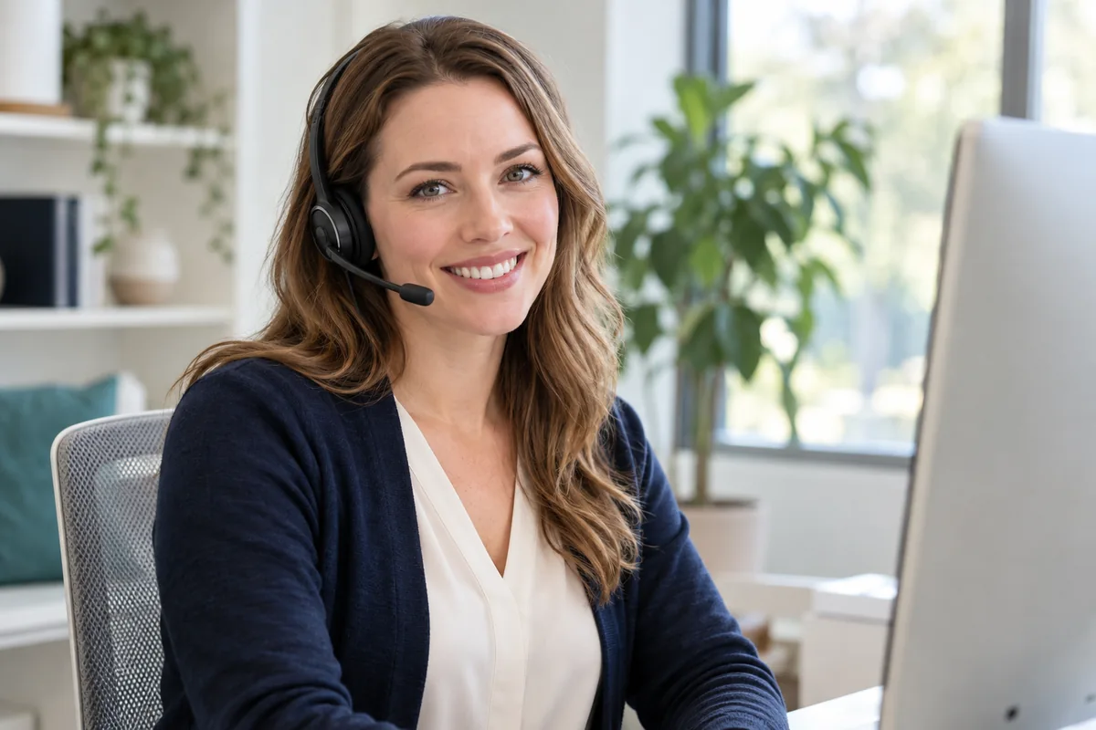 Representative customer-support model wearing a headset at an unbranded desk; not an identified service employee