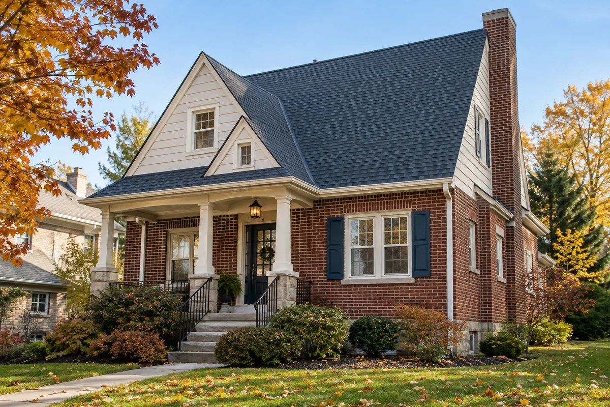 Representative brick and siding home with a pitched roof and a small front porch