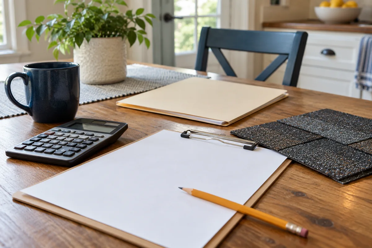 Blank repair-scope papers, a calculator and an unmarked roofing sample on a homeowner’s kitchen table