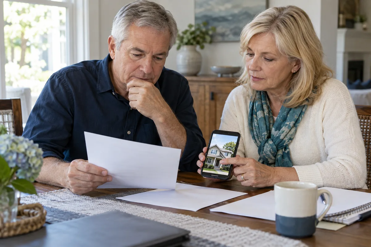 Homeowner couple reviewing blank documents at a table beside a phone showing an indistinct house photograph