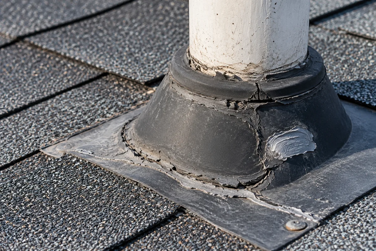 Weathered surface sealant near a residential roof vent boot and overlapping asphalt shingles