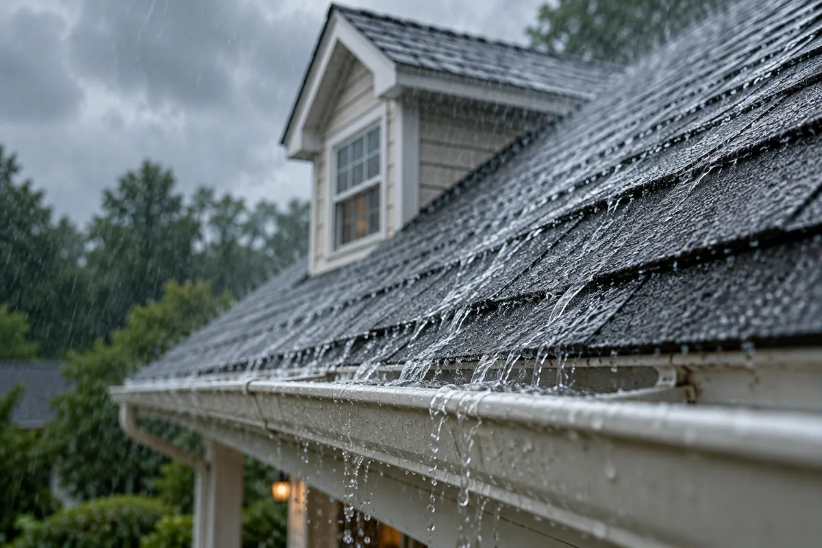 Heavy rain flowing down an asphalt shingle roof toward a residential gutter, with a dormer behind