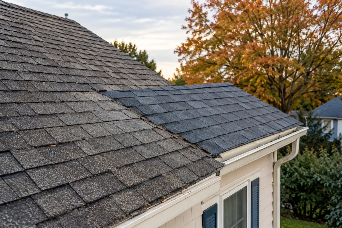 An older shingle roof beside a small repaired section showing a natural difference in weathering