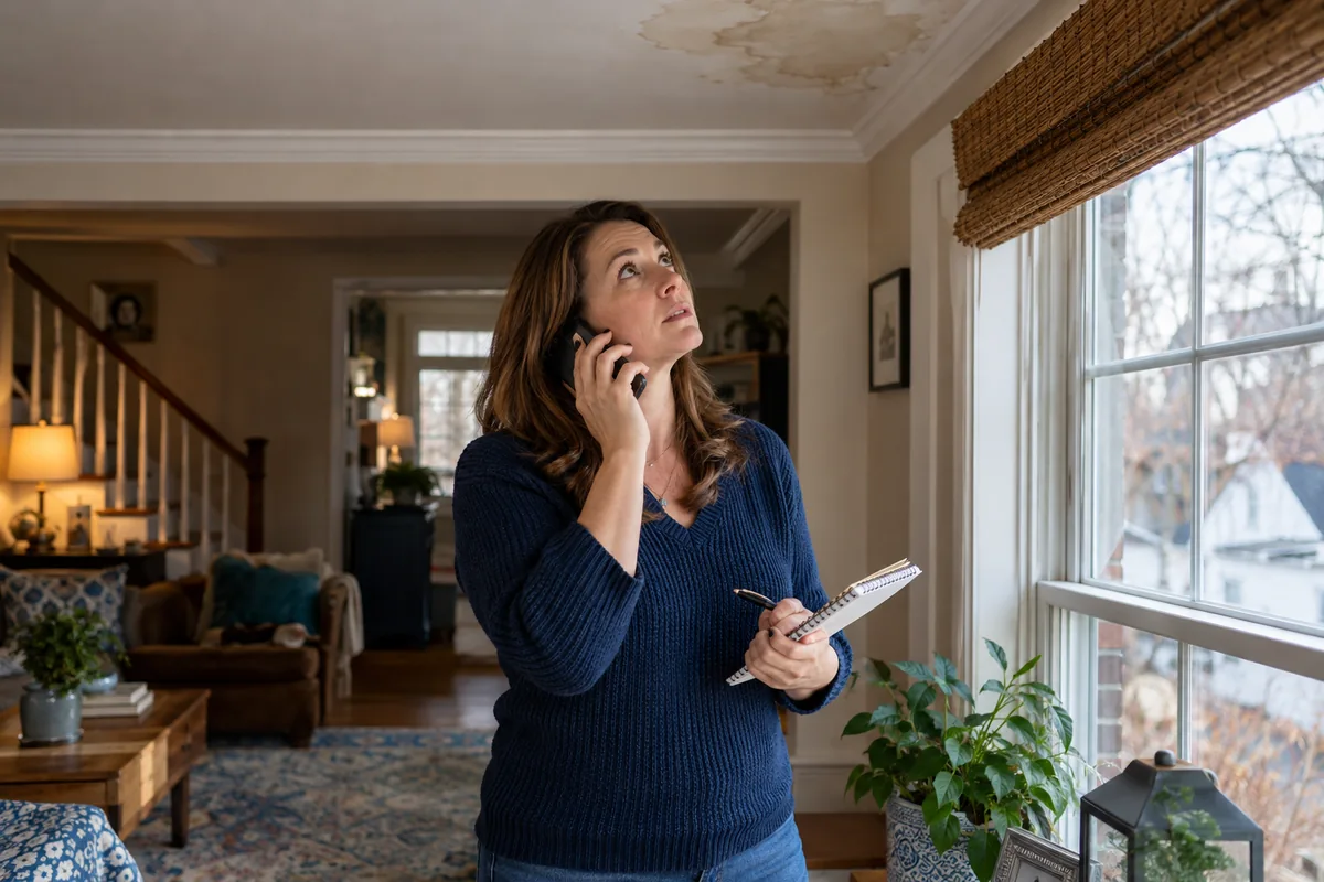 Homeowner making a phone call by a window while keeping notes about an upstairs ceiling concern