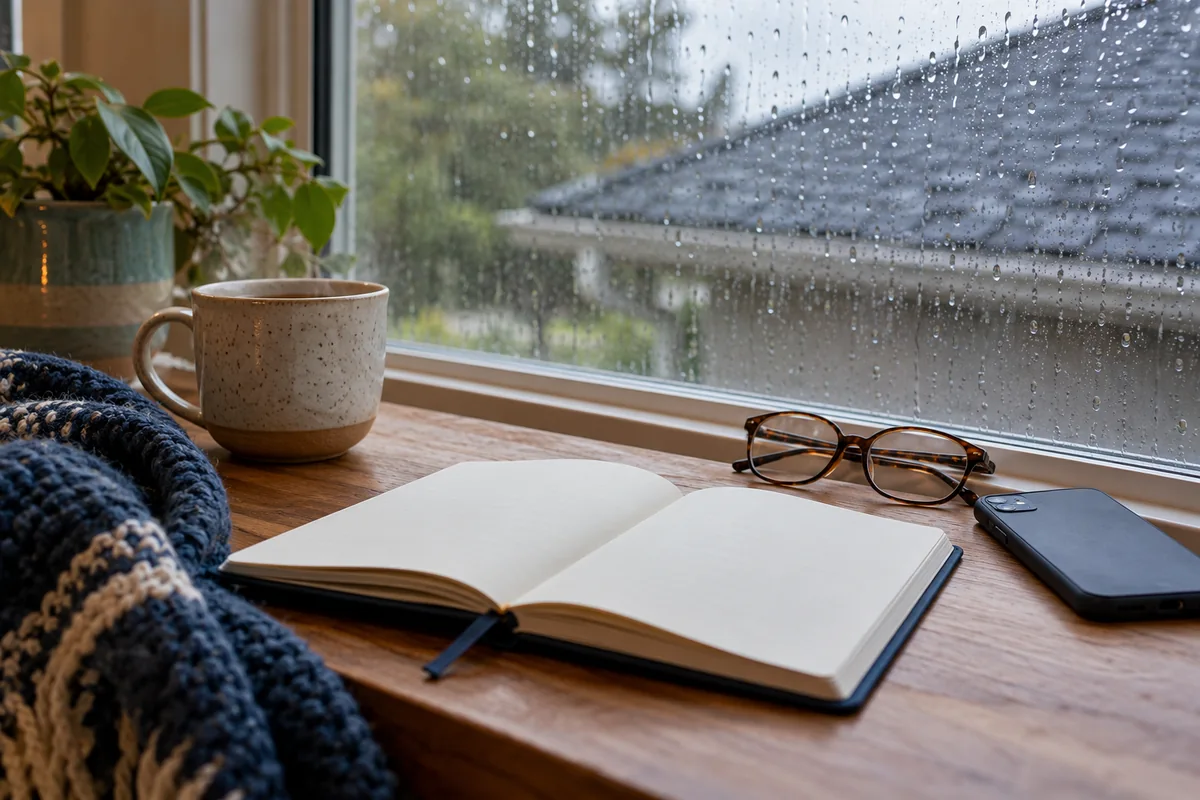 Blank homeowner notebook and reading glasses beside a rain-streaked window