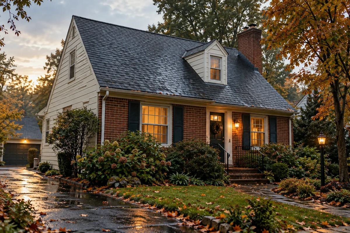 Rain-damp shingle roof and dormer on a representative brick and clapboard Pennsylvania home