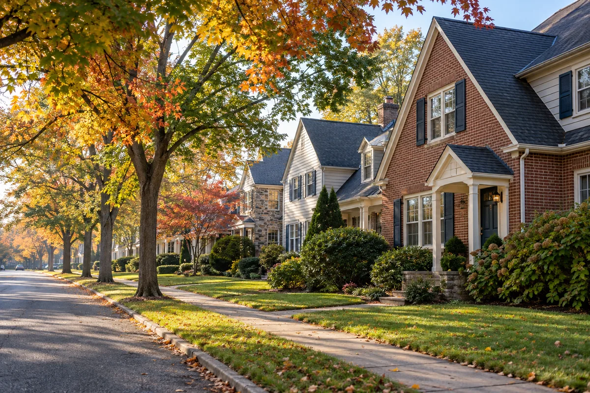 Representative eastern Pennsylvania residential street with brick houses, shingle roofs and autumn trees