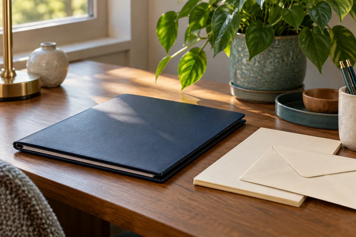 Closed folder and blank paper on a quiet desk representing careful information handling