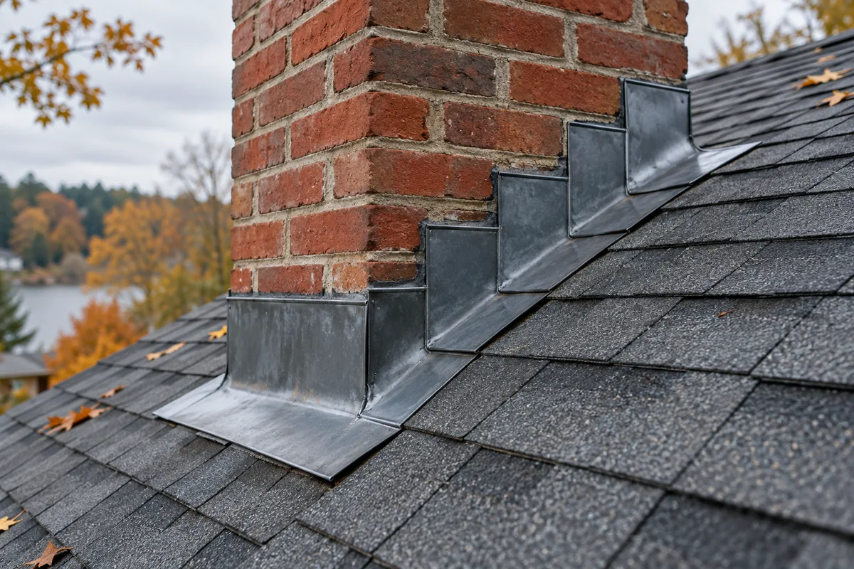 Close-up of metal step flashing where asphalt shingles meet a brick chimney, with rain droplets