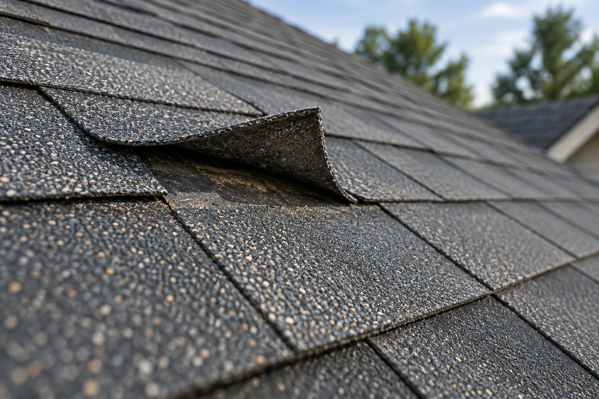 Close view of a lifted asphalt shingle beside intact overlapping courses on a representative roof