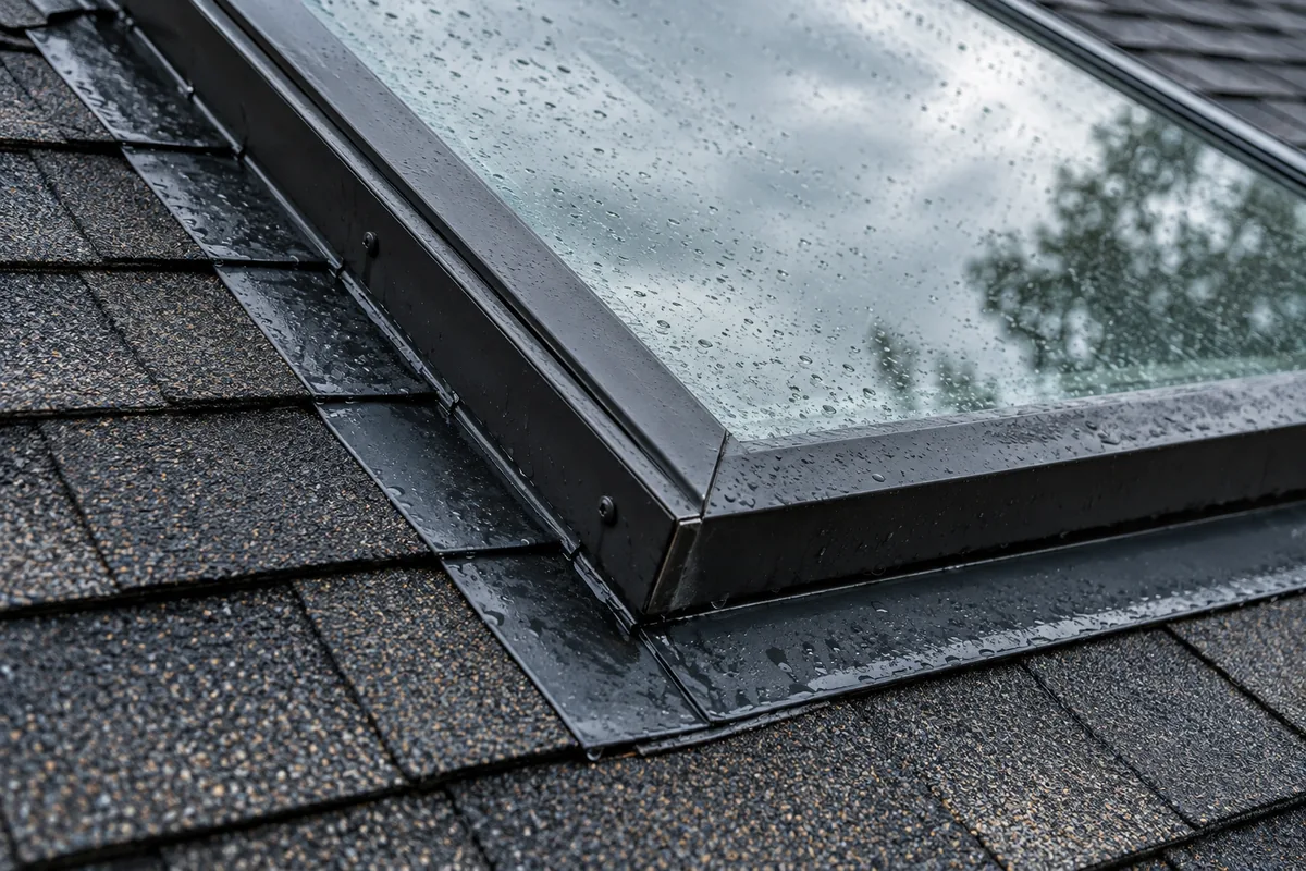 Rain droplets on a roof skylight with metal flashing surrounded by dark asphalt shingles