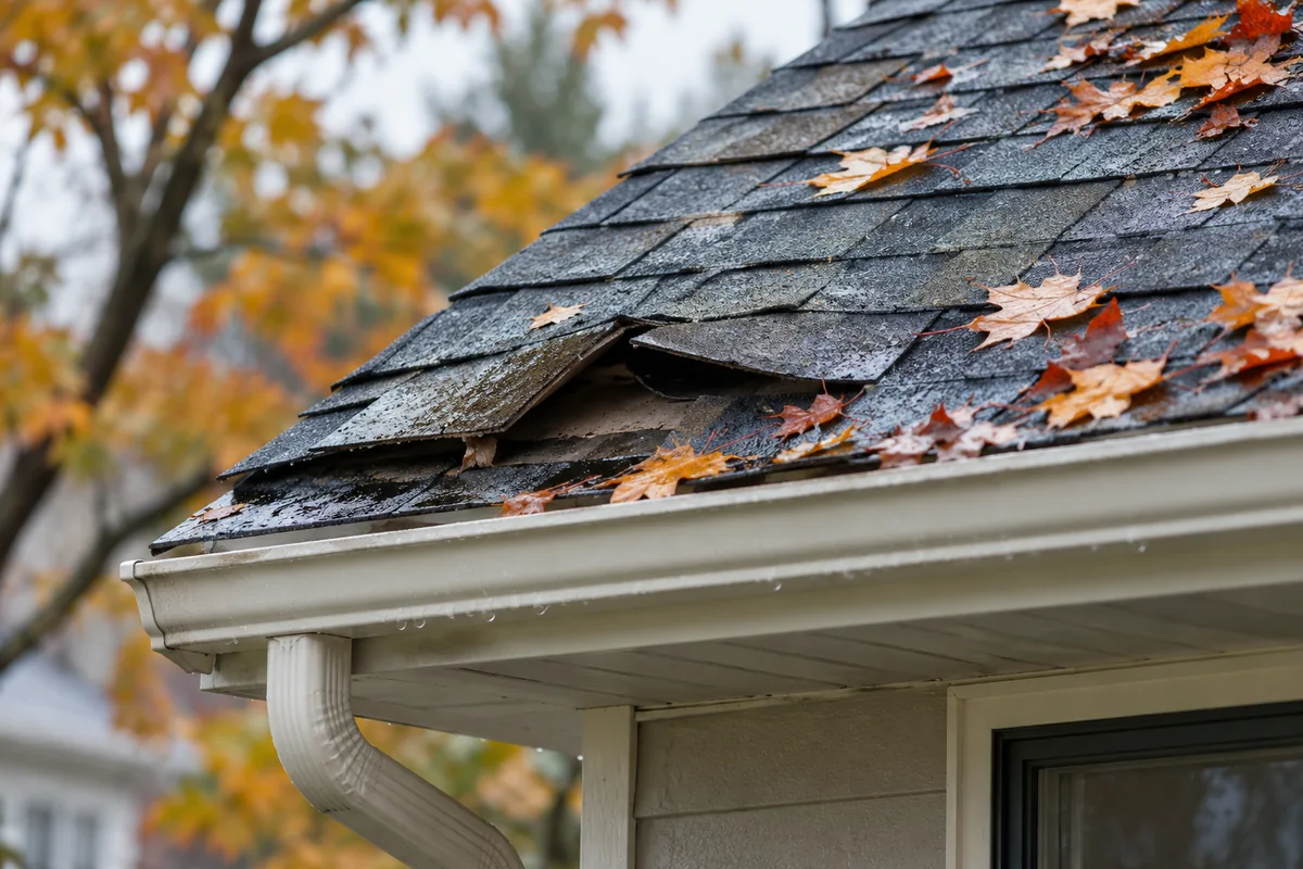 Wind-lifted shingles and fallen leaves on the lower edge of a representative residential roof