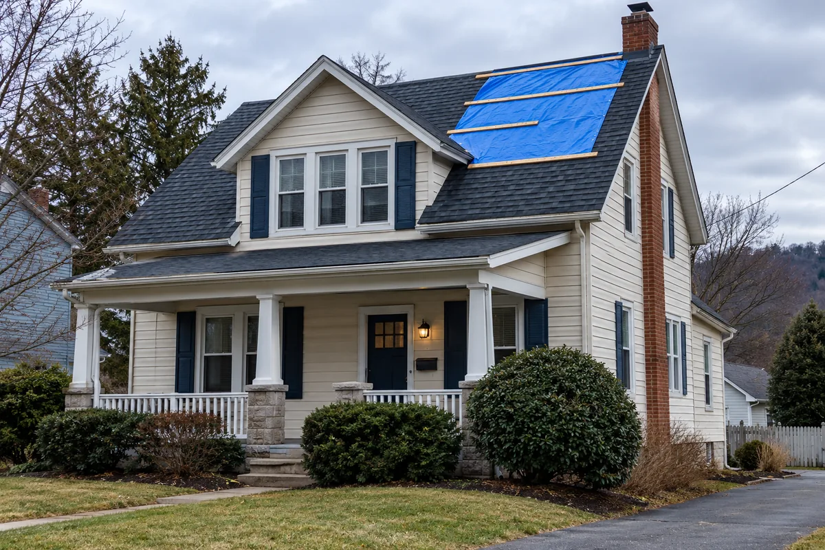 A neatly secured temporary blue tarp over a small section of an asphalt shingle house roof